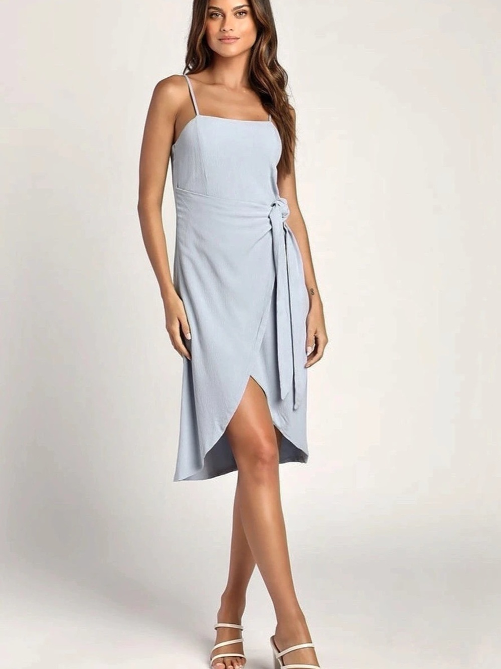 Lulus Stay Sunny Light Blue Faux Wrap Midi Dress